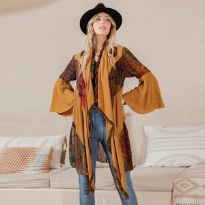 Young Thread Rustic Bohemian Patchwork Kimono Shrug Size 1X Camel Multi Duster